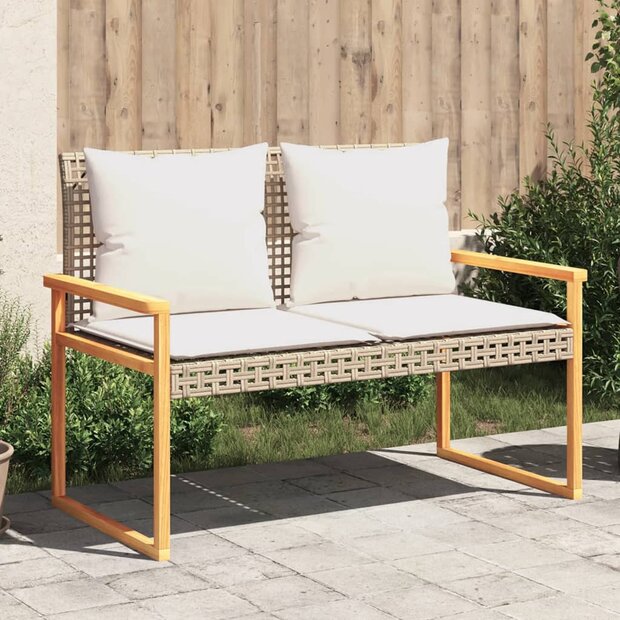 Tuinbankje met kussen poly rattan en acaciahout gemengd beige 1