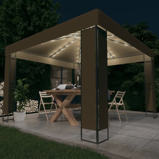 Prieel met dubbel dak en LED-lichtslinger 3x3x2,7 m taupe 1