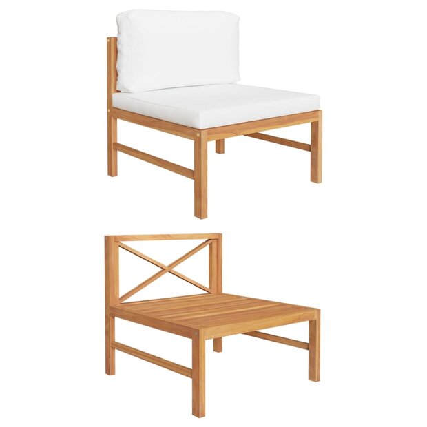 Middenbank met cr&egrave;mekleurige kussens massief teakhout 1