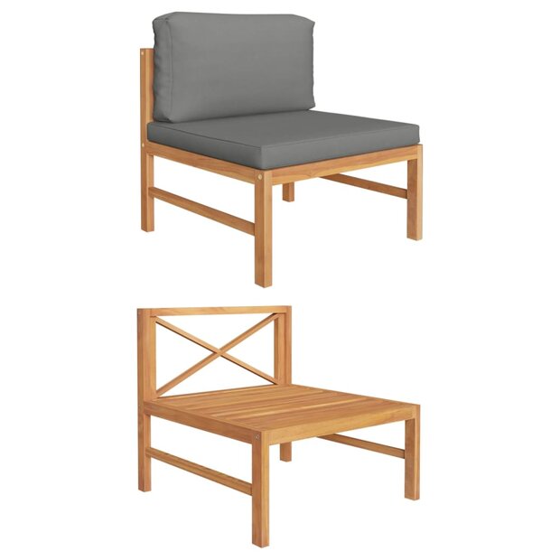 Middenbank met donkergrijze kussens massief teakhout 1