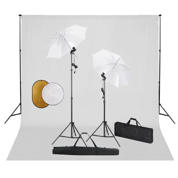 Fotostudioset met lampen, paraplu&amp;apos;s, achtergrond en reflector 1