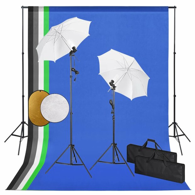 Fotostudioset met lampen, paraplu&amp;apos;s, achtergrond en reflector 1