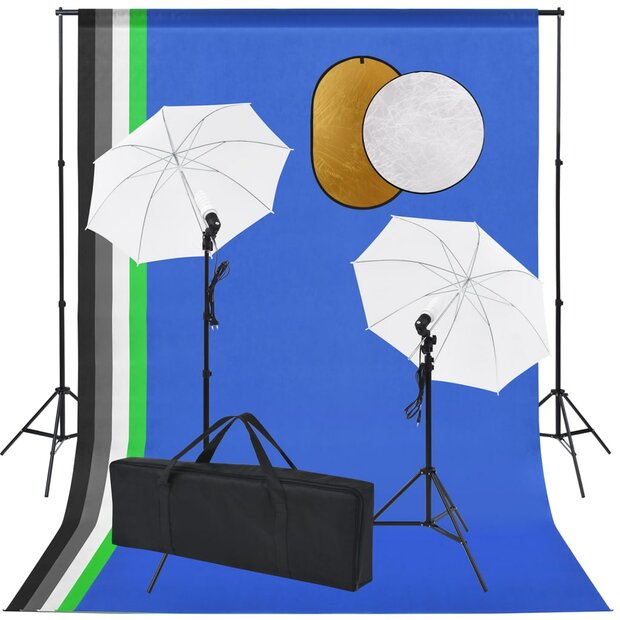 Fotostudioset met lampen, paraplu&amp;apos;s, achtergrond en reflector 1