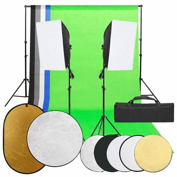 Fotostudioset met verlichtingsset, achtergrond en reflector 1