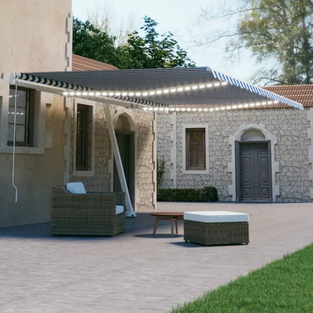 Luifel automatisch met LED en windsensor 500x300 cm blauw wit 1