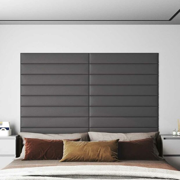 Wandpanelen 12 st 1,62 m&sup2; 90x15 cm kunstleer grijs 1