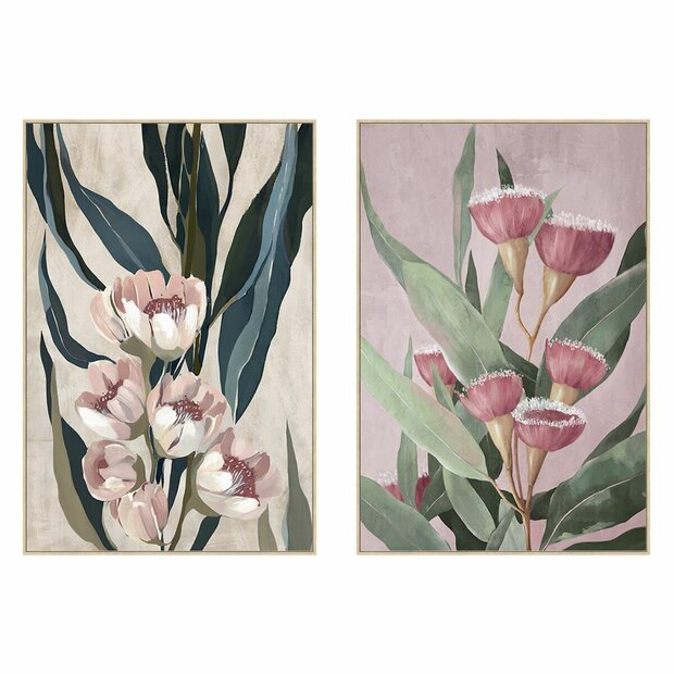 Schilderij Home ESPRIT Groen Roze Blommor Modern (2 Stuks) 1