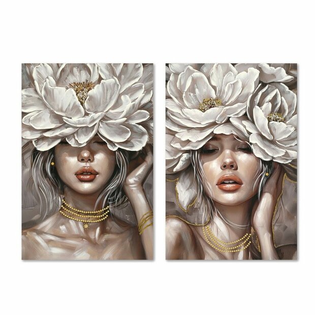 Schilderij Home ESPRIT Wit Beige Blommor Romantiek 60 x 3 x 90 cm (2 Stuks) 1